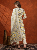 Lace Detailing & Printed Kurta With Pant & Dupatta, Yellow - Hiral Fashion - Distacart