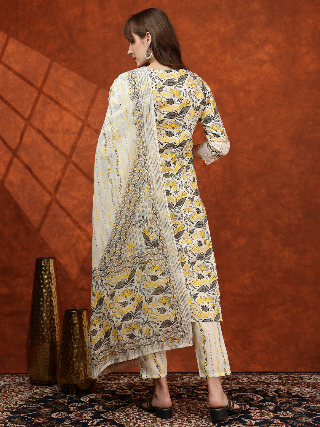 Lace Detailing & Printed Kurta With Pant & Dupatta, Yellow - Hiral Fashion - Distacart
