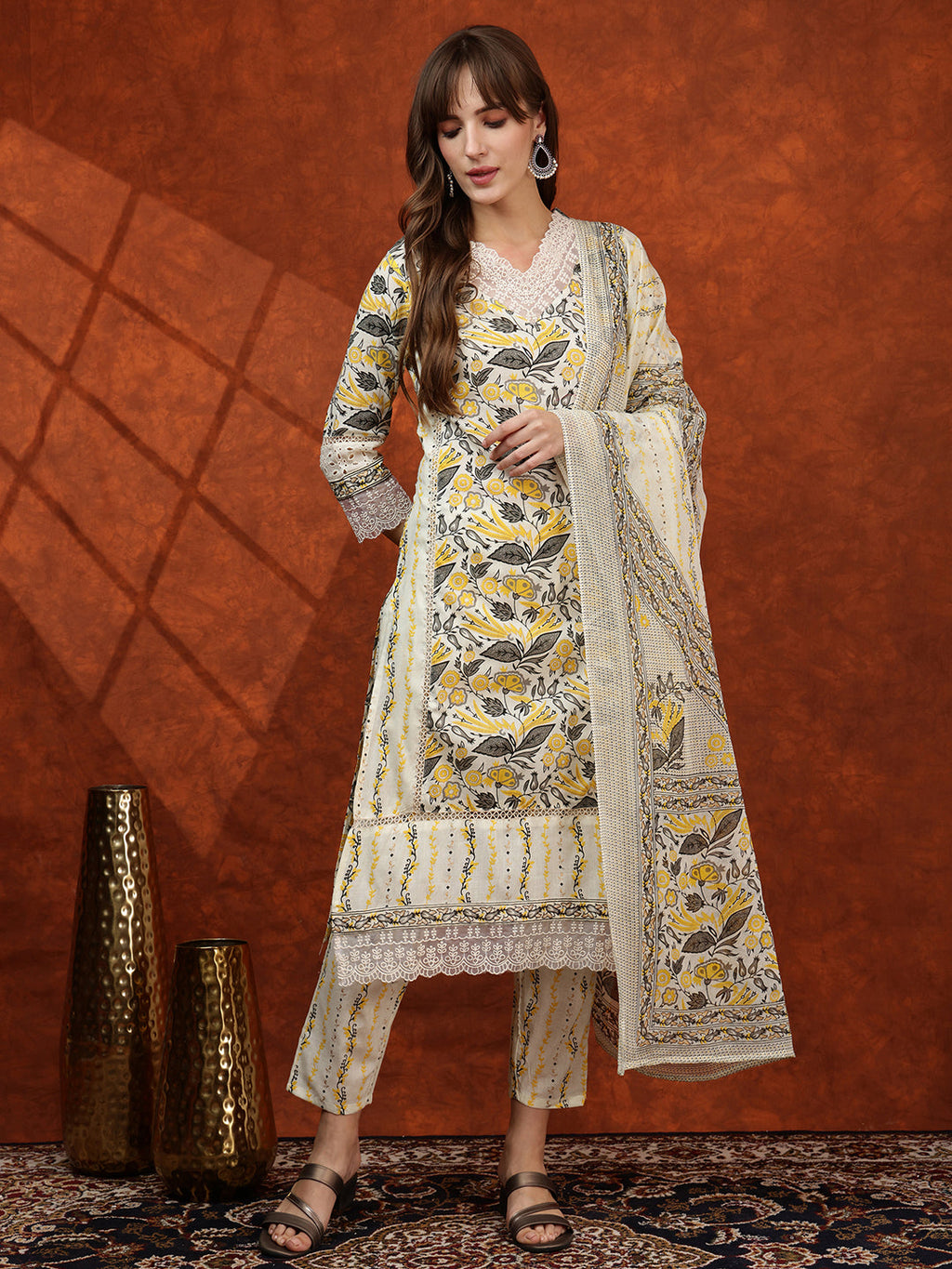 Lace Detailing & Printed Kurta With Pant & Dupatta, Yellow - Hiral Fashion - Distacart