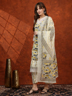 Lace Detailing & Printed Kurta With Pant & Dupatta, Yellow - Hiral Fashion - Distacart
