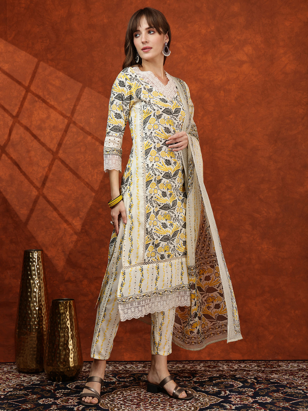 Lace Detailing & Printed Kurta With Pant & Dupatta, Yellow - Hiral Fashion - Distacart