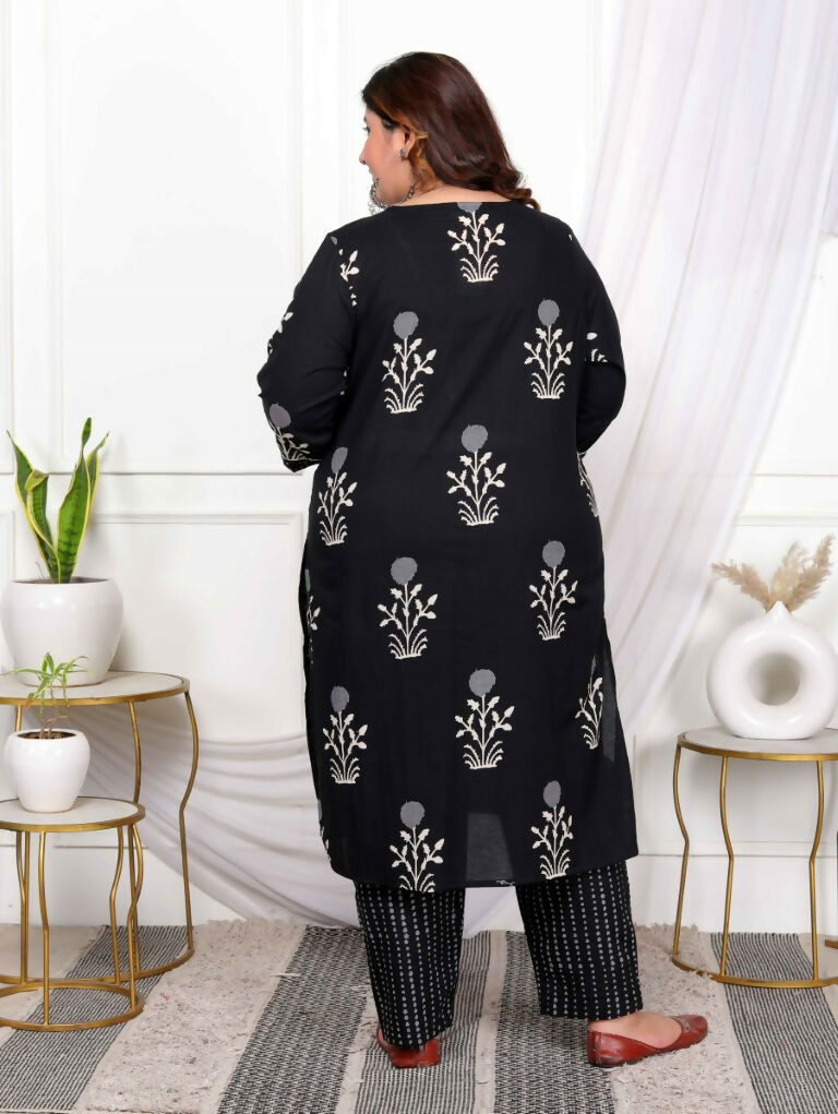 Miravan Women's Plus Size Cotton Gota Patti Black Floral Printed Straight Kurta Palazzo Set