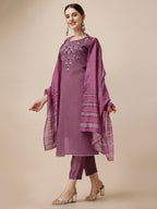 Hand Embroidered Chanderi Kurta With Pant And Dupatta Set, Multicolor - Hiral Fashion - Distacart