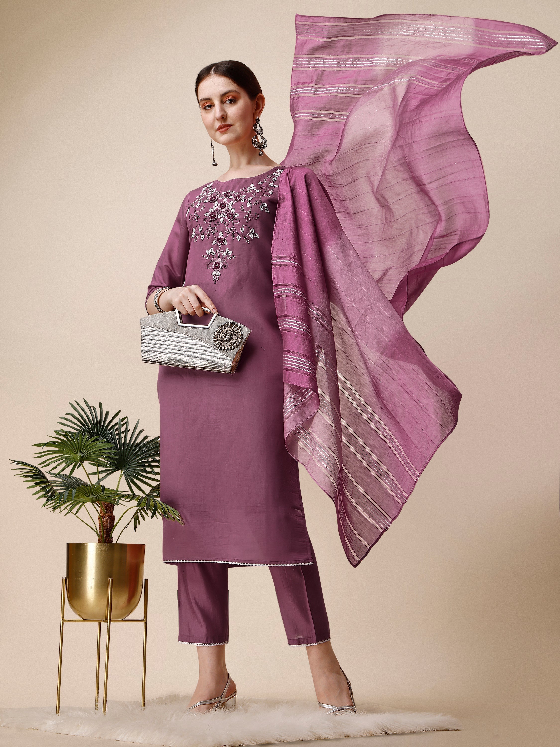 Hand Embroidered Chanderi Kurta With Pant And Dupatta Set, Multicolor - Hiral Fashion - Distacart