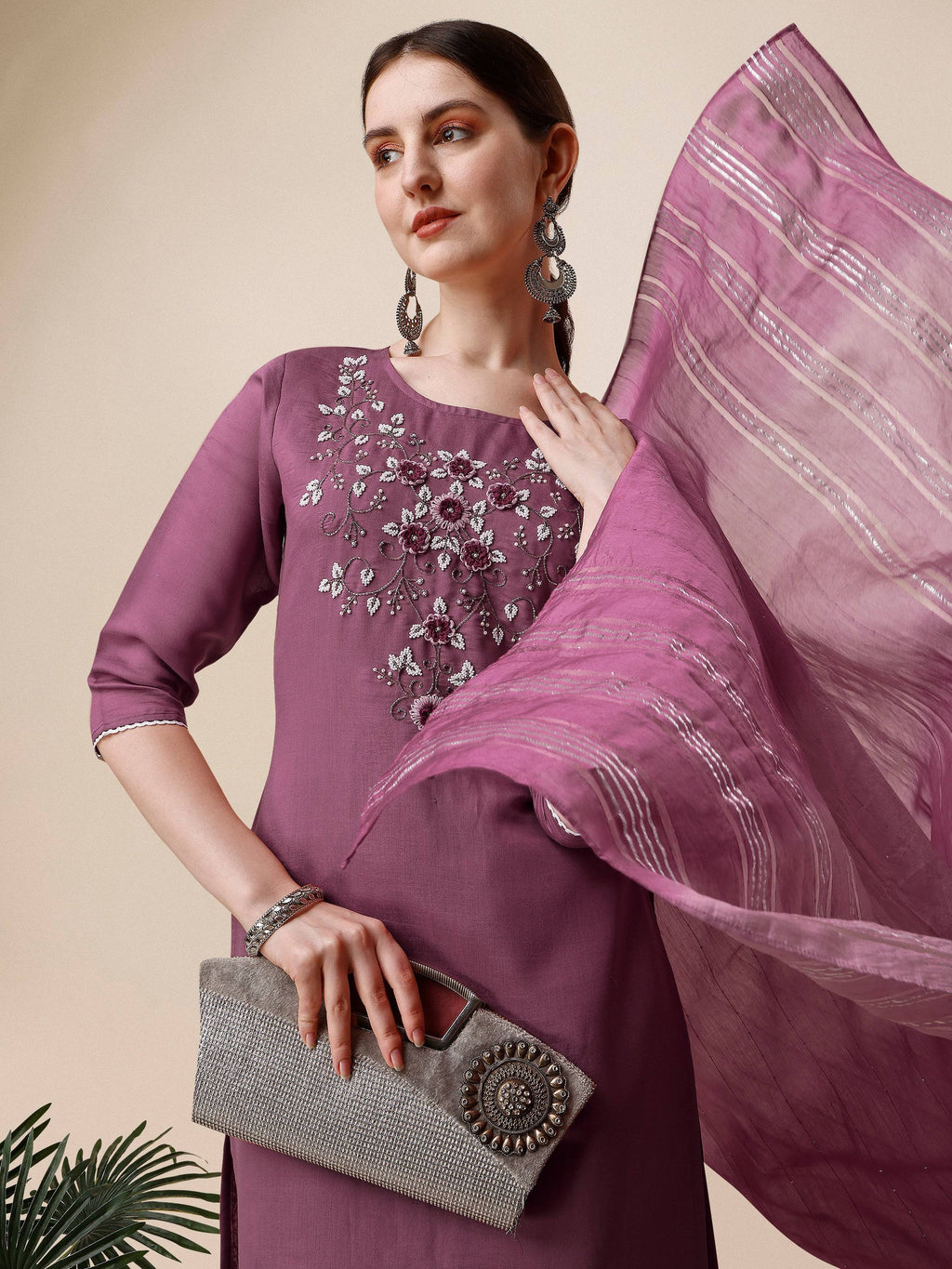 Hand Embroidered Chanderi Kurta With Pant And Dupatta Set, Multicolor - Hiral Fashion - Distacart