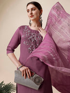 Hand Embroidered Chanderi Kurta With Pant And Dupatta Set, Multicolor - Hiral Fashion - Distacart