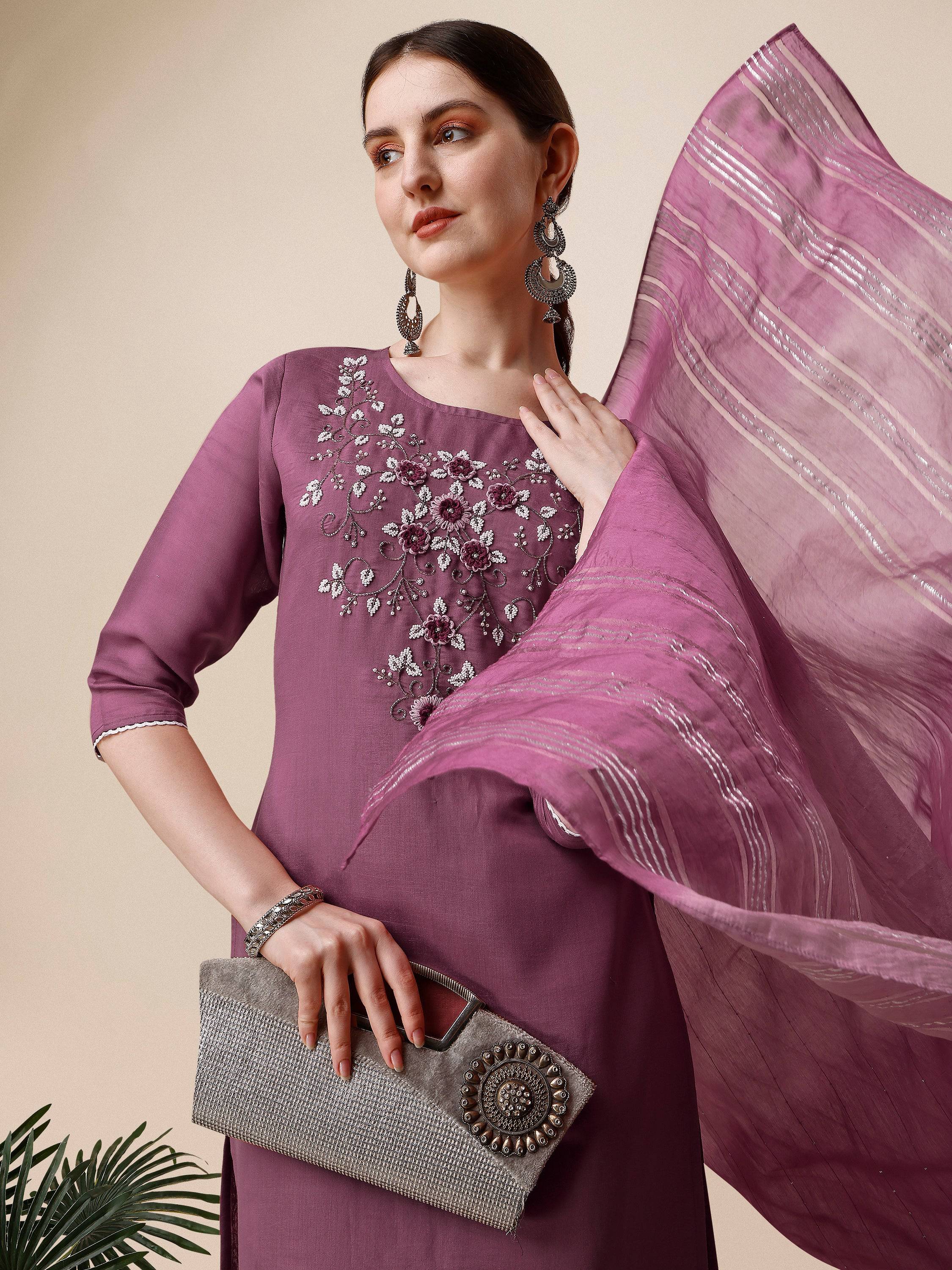 Hand Embroidered Chanderi Kurta With Pant And Dupatta Set, Multicolor - Hiral Fashion - Distacart