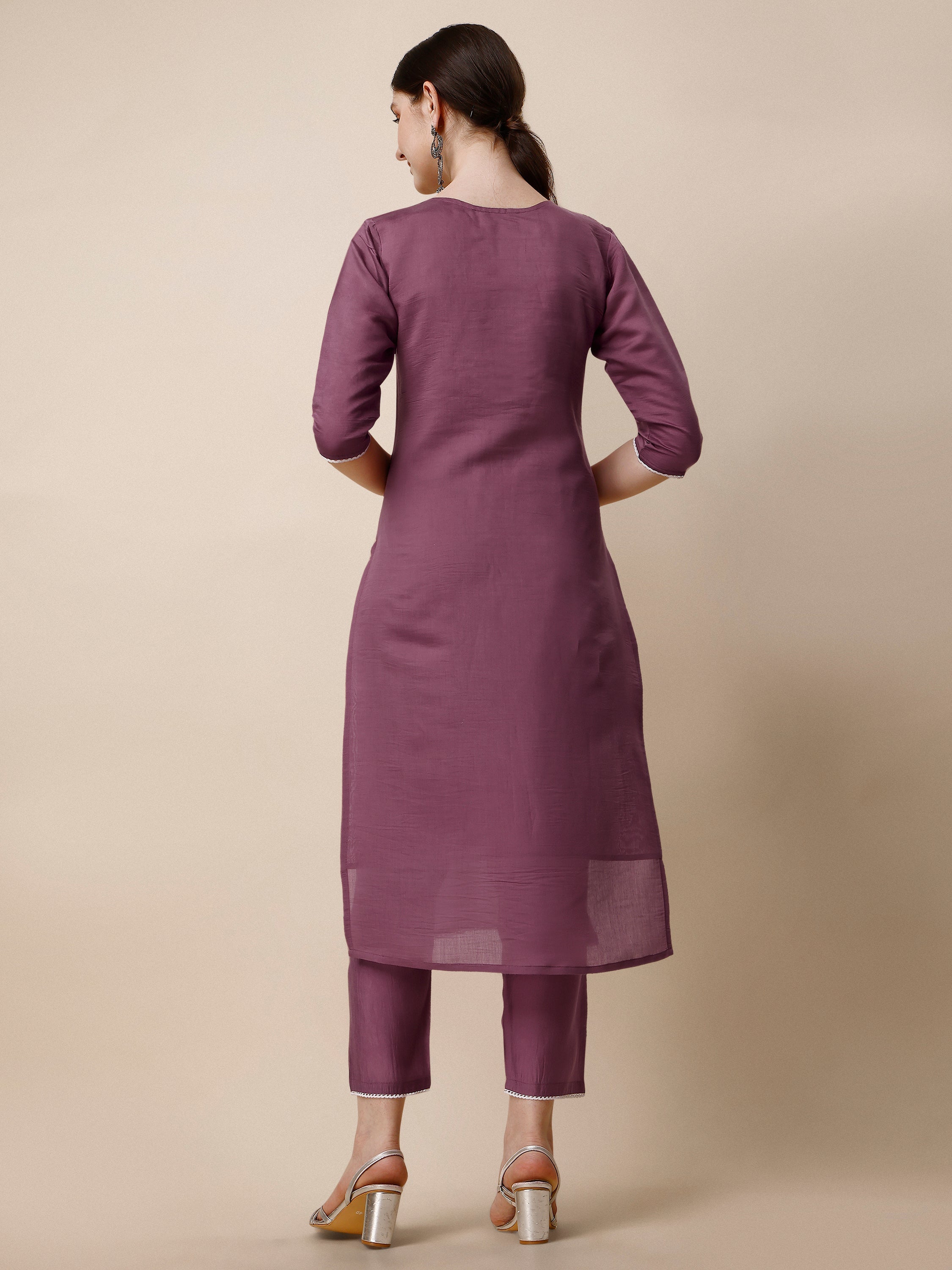 Hand Embroidered Chanderi Kurta With Pant And Dupatta Set, Multicolor - Hiral Fashion - Distacart