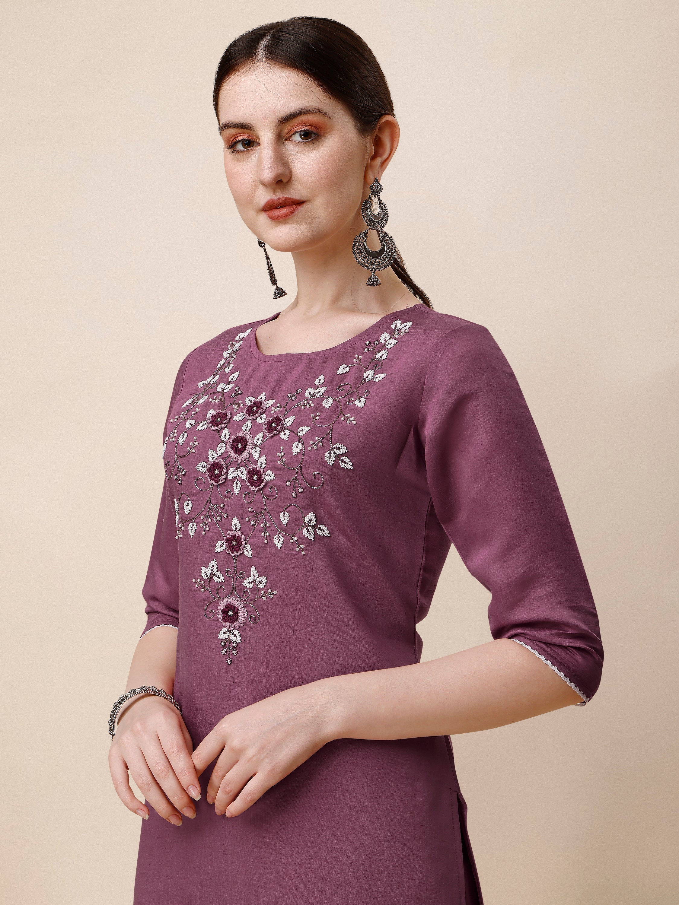Hand Embroidered Chanderi Kurta With Pant And Dupatta Set, Multicolor - Hiral Fashion - Distacart