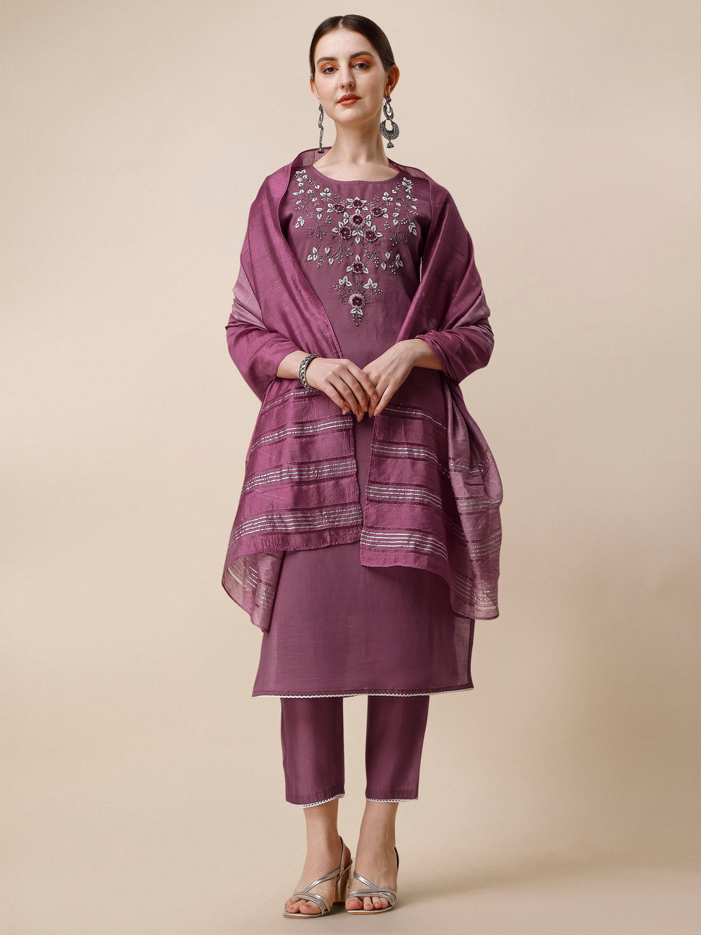 Hand Embroidered Chanderi Kurta With Pant And Dupatta Set, Multicolor - Hiral Fashion - Distacart
