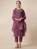 Hand Embroidered Chanderi Kurta With Pant And Dupatta Set, Multicolor - Hiral Fashion - Distacart