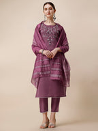 Hand Embroidered Chanderi Kurta With Pant And Dupatta Set, Multicolor - Hiral Fashion - Distacart