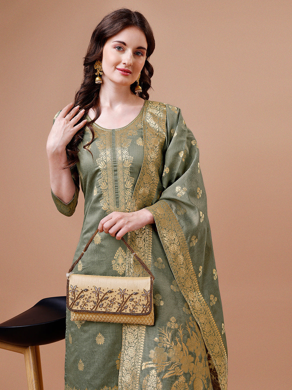 Pure Banarasi Chanderi Jacquard Kurta With Pant & Dupatta Set, Multicolor - Hiral Fashion - Distacart
