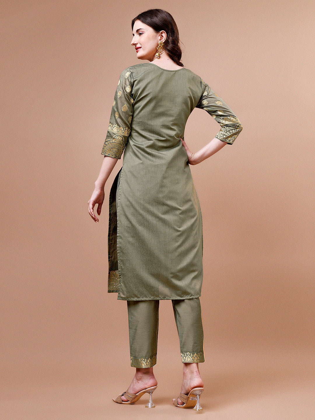 Pure Banarasi Chanderi Jacquard Kurta With Pant & Dupatta Set, Multicolor - Hiral Fashion - Distacart