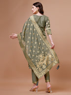 Pure Banarasi Chanderi Jacquard Kurta With Pant & Dupatta Set, Multicolor - Hiral Fashion - Distacart