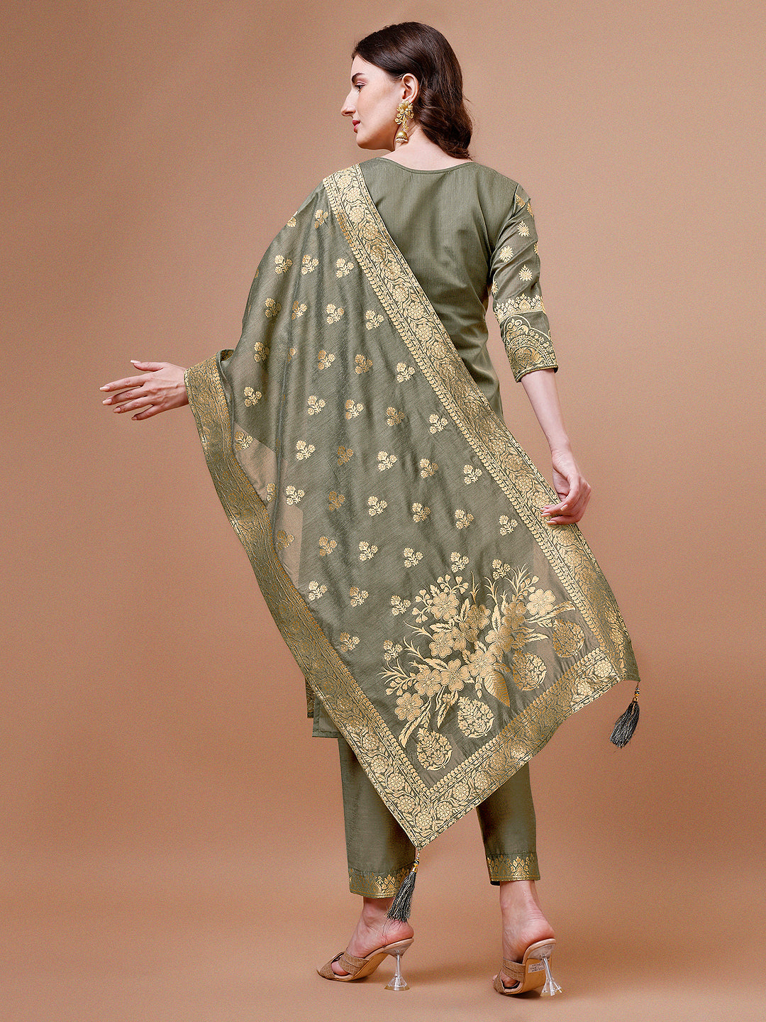 Pure Banarasi Chanderi Jacquard Kurta With Pant & Dupatta Set, Multicolor - Hiral Fashion - Distacart