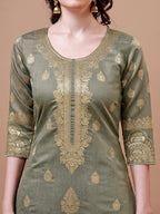 Pure Banarasi Chanderi Jacquard Kurta With Pant & Dupatta Set, Multicolor - Hiral Fashion - Distacart