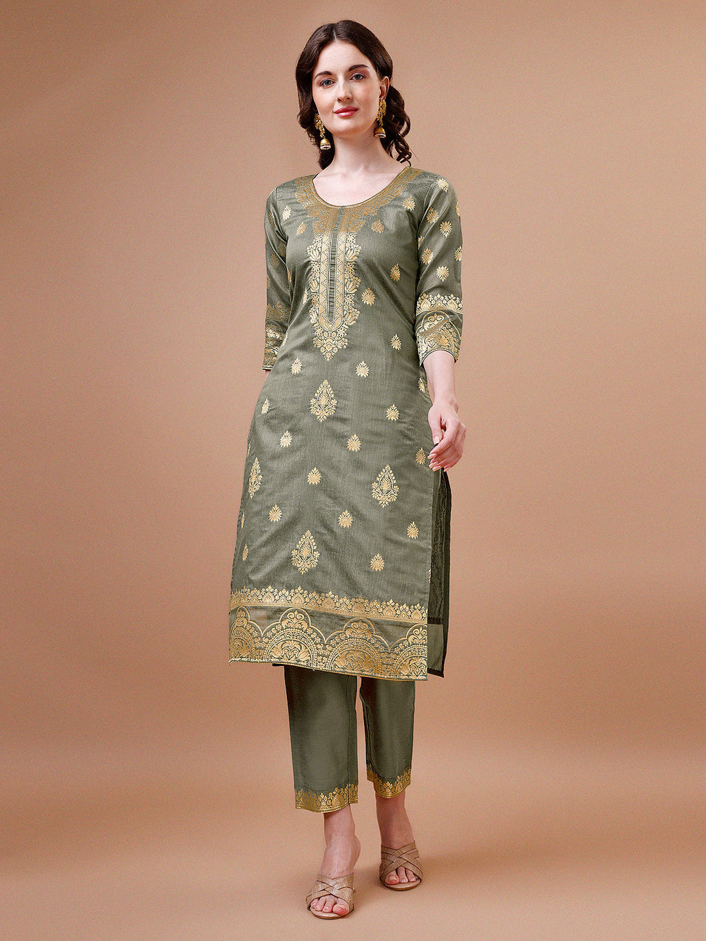 Pure Banarasi Chanderi Jacquard Kurta With Pant & Dupatta Set, Multicolor - Hiral Fashion - Distacart