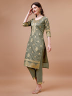 Pure Banarasi Chanderi Jacquard Kurta With Pant & Dupatta Set, Multicolor - Hiral Fashion - Distacart