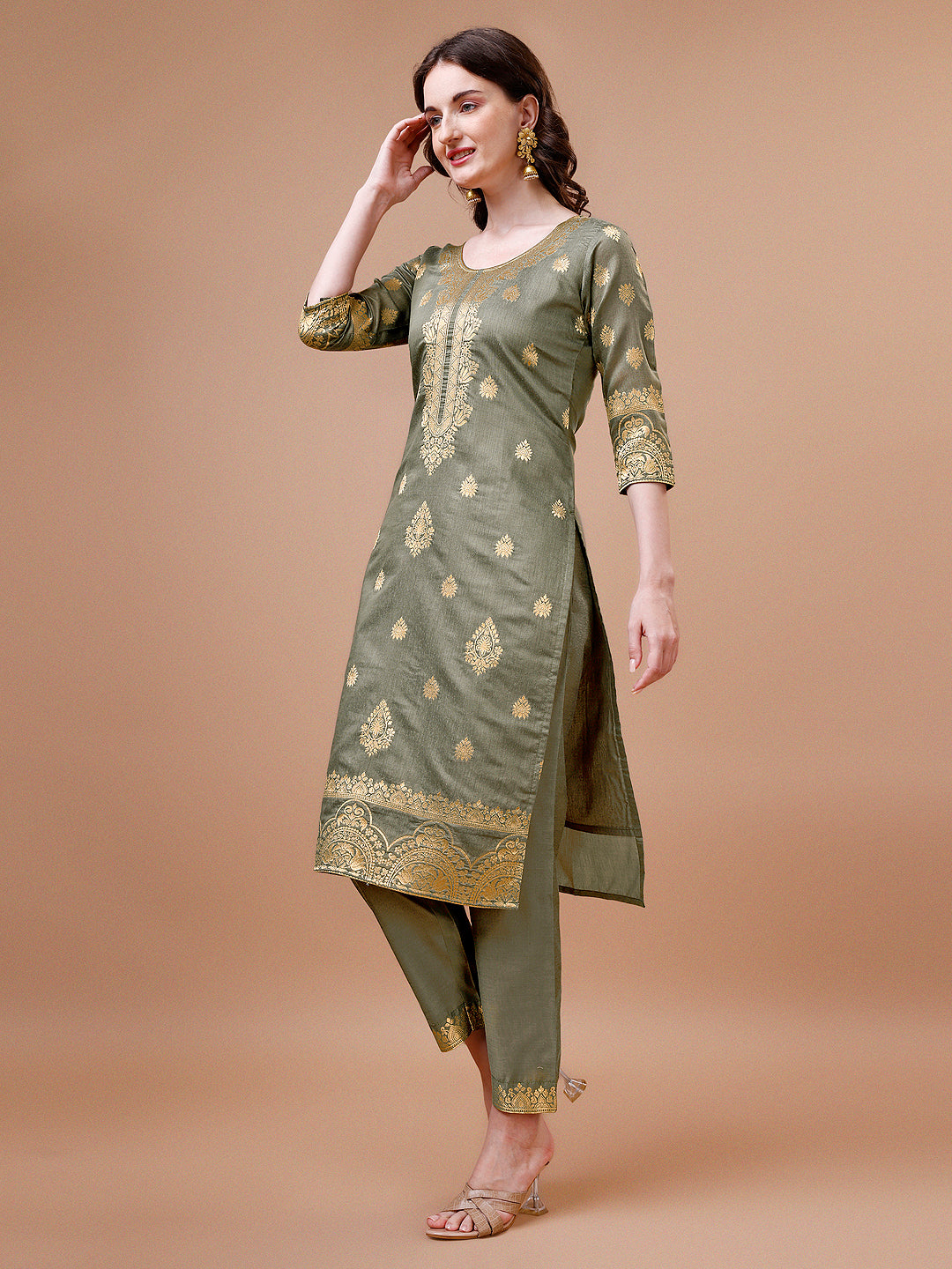 Pure Banarasi Chanderi Jacquard Kurta With Pant & Dupatta Set, Multicolor - Hiral Fashion - Distacart
