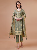 Pure Banarasi Chanderi Jacquard Kurta With Pant & Dupatta Set, Multicolor - Hiral Fashion - Distacart
