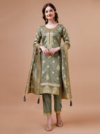 Pure Banarasi Chanderi Jacquard Kurta With Pant & Dupatta Set, Multicolor - Hiral Fashion - Distacart
