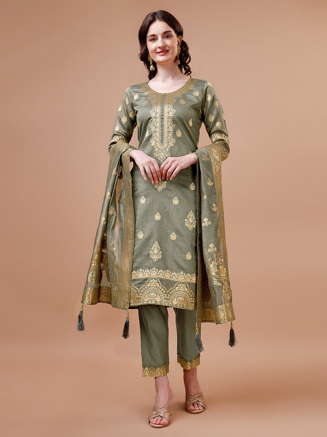 Pure Banarasi Chanderi Jacquard Kurta With Pant & Dupatta Set, Multicolor - Hiral Fashion - Distacart