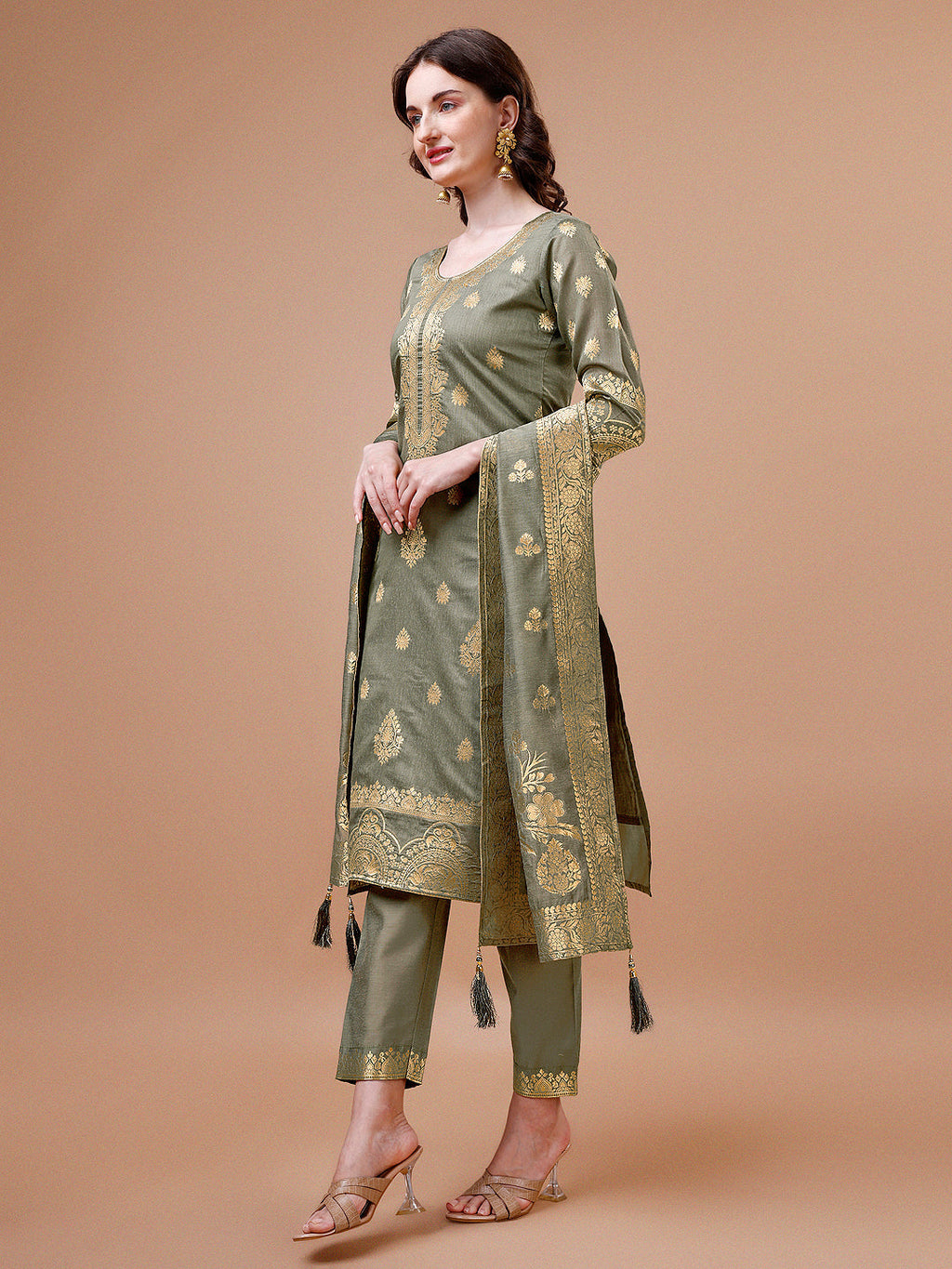 Pure Banarasi Chanderi Jacquard Kurta With Pant & Dupatta Set, Multicolor - Hiral Fashion - Distacart