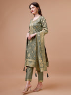 Pure Banarasi Chanderi Jacquard Kurta With Pant & Dupatta Set, Multicolor - Hiral Fashion - Distacart