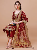 Pure Banarasi Chanderi Jacquard Kurta With Pant & Dupatta Set, Multicolor - Hiral Fashion - Distacart