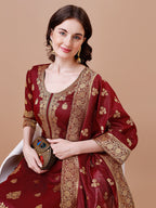 Pure Banarasi Chanderi Jacquard Kurta With Pant & Dupatta Set, Multicolor - Hiral Fashion - Distacart