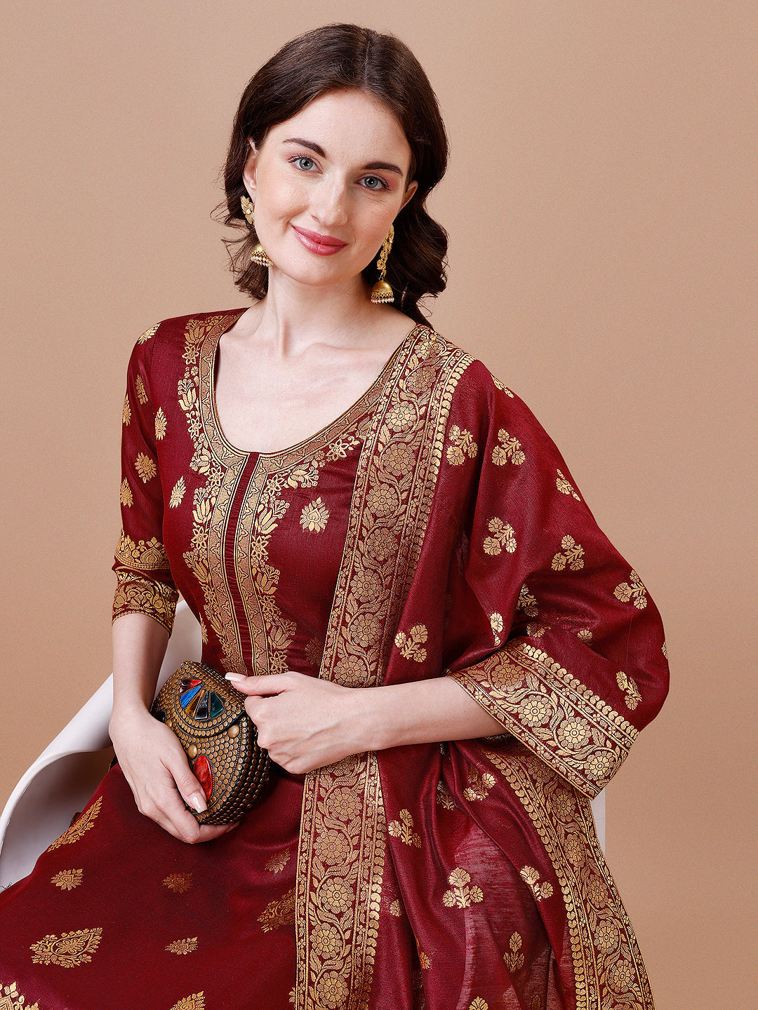 Pure Banarasi Chanderi Jacquard Kurta With Pant & Dupatta Set, Multicolor - Hiral Fashion - Distacart