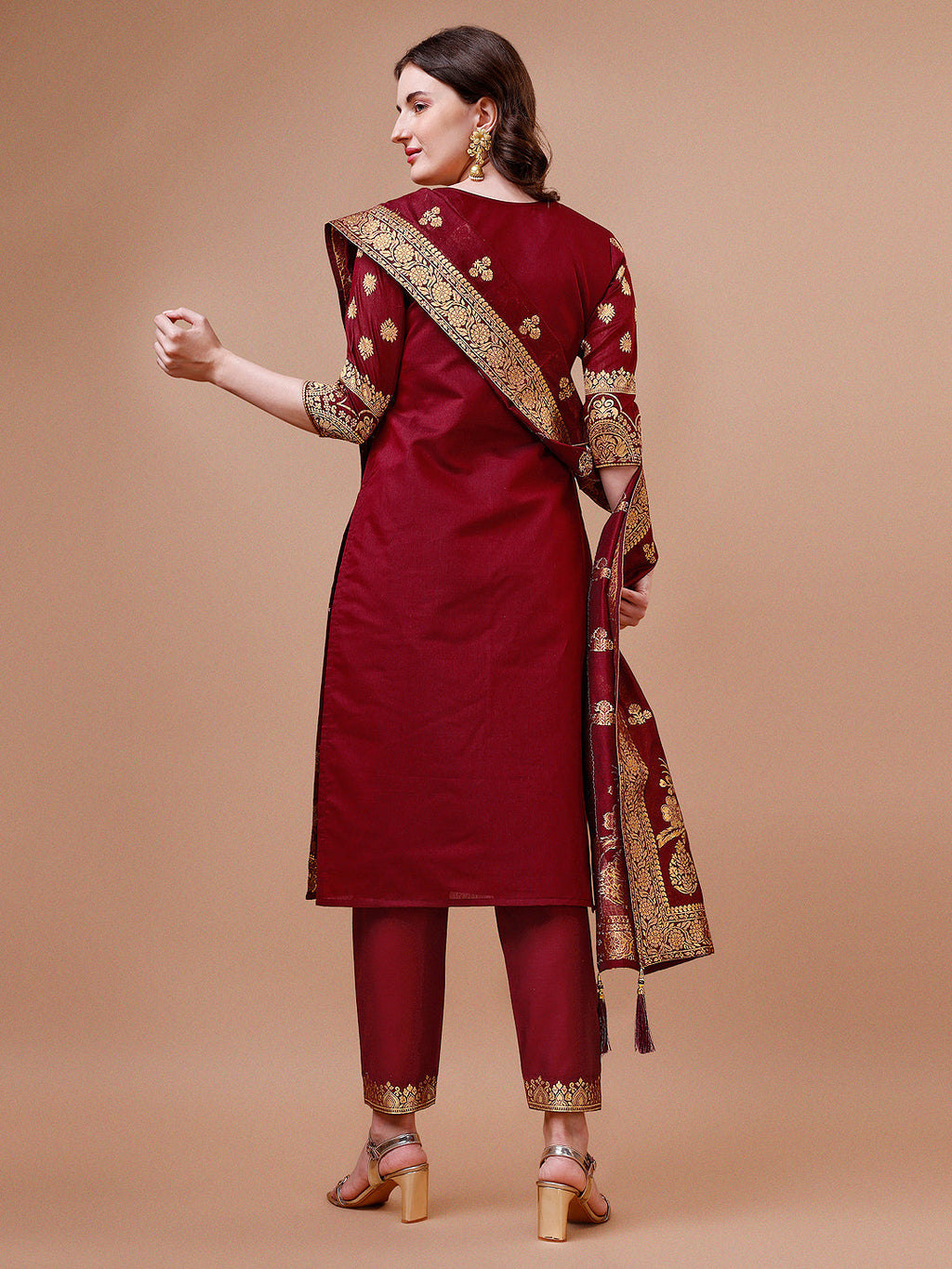 Pure Banarasi Chanderi Jacquard Kurta With Pant & Dupatta Set, Multicolor - Hiral Fashion - Distacart