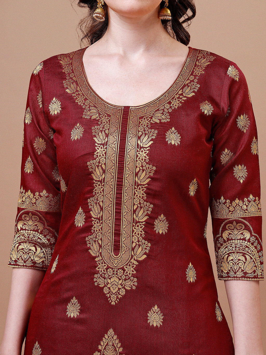 Pure Banarasi Chanderi Jacquard Kurta With Pant & Dupatta Set, Multicolor - Hiral Fashion - Distacart