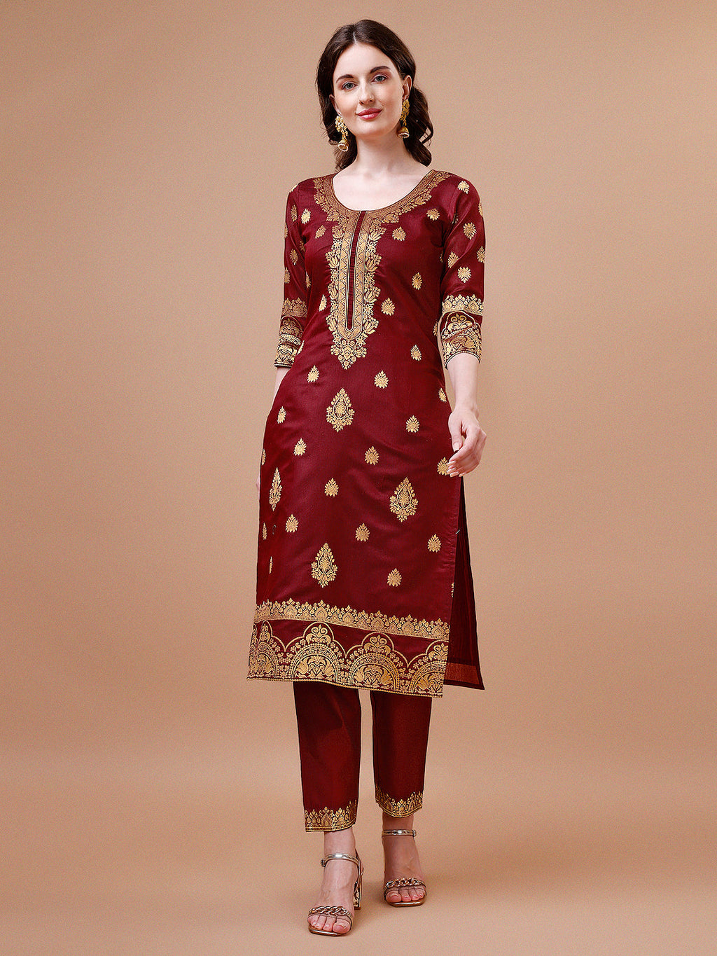 Pure Banarasi Chanderi Jacquard Kurta With Pant & Dupatta Set, Multicolor - Hiral Fashion - Distacart