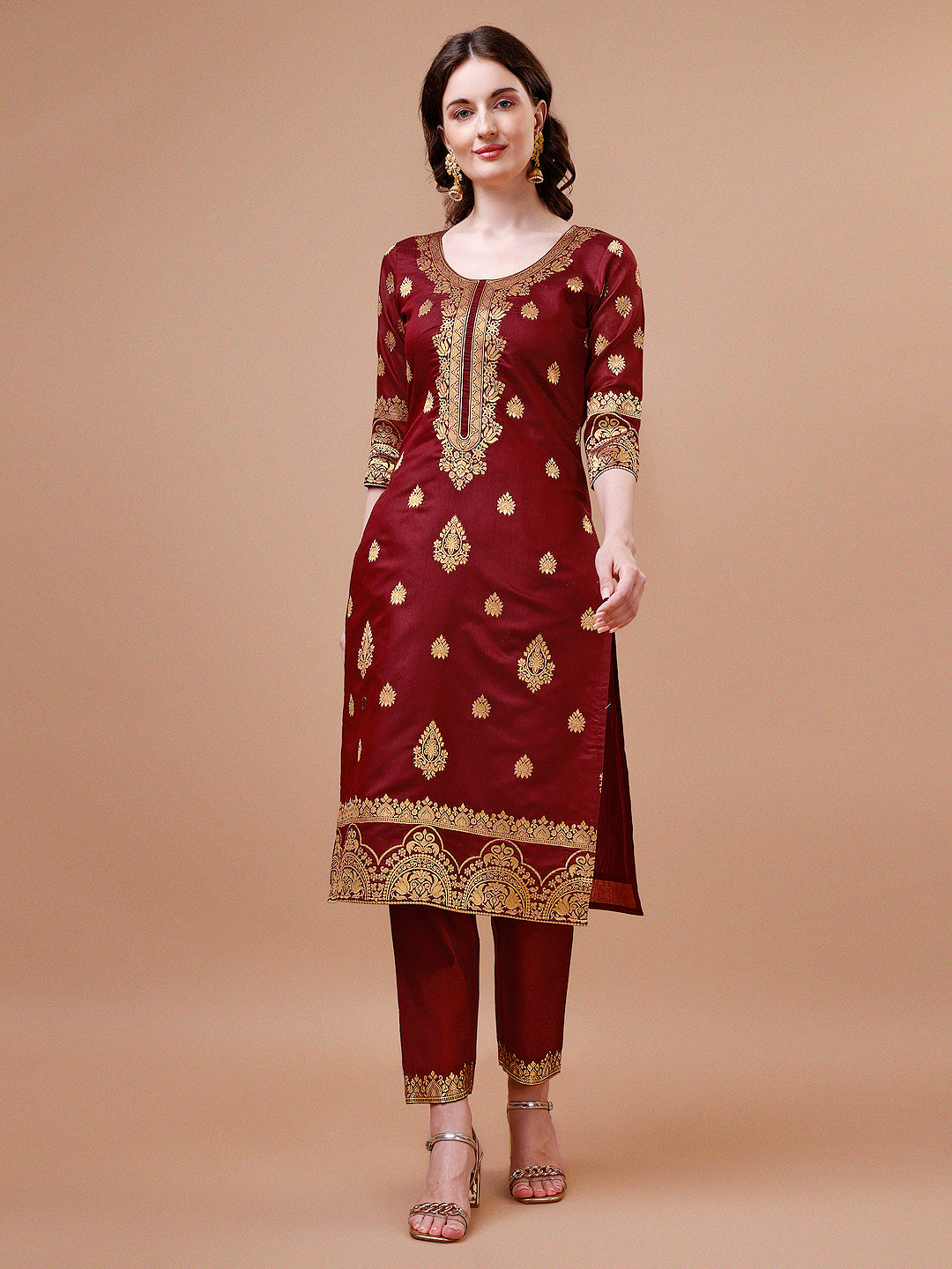 Pure Banarasi Chanderi Jacquard Kurta With Pant & Dupatta Set, Multicolor - Hiral Fashion - Distacart