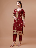 Pure Banarasi Chanderi Jacquard Kurta With Pant & Dupatta Set, Multicolor - Hiral Fashion - Distacart