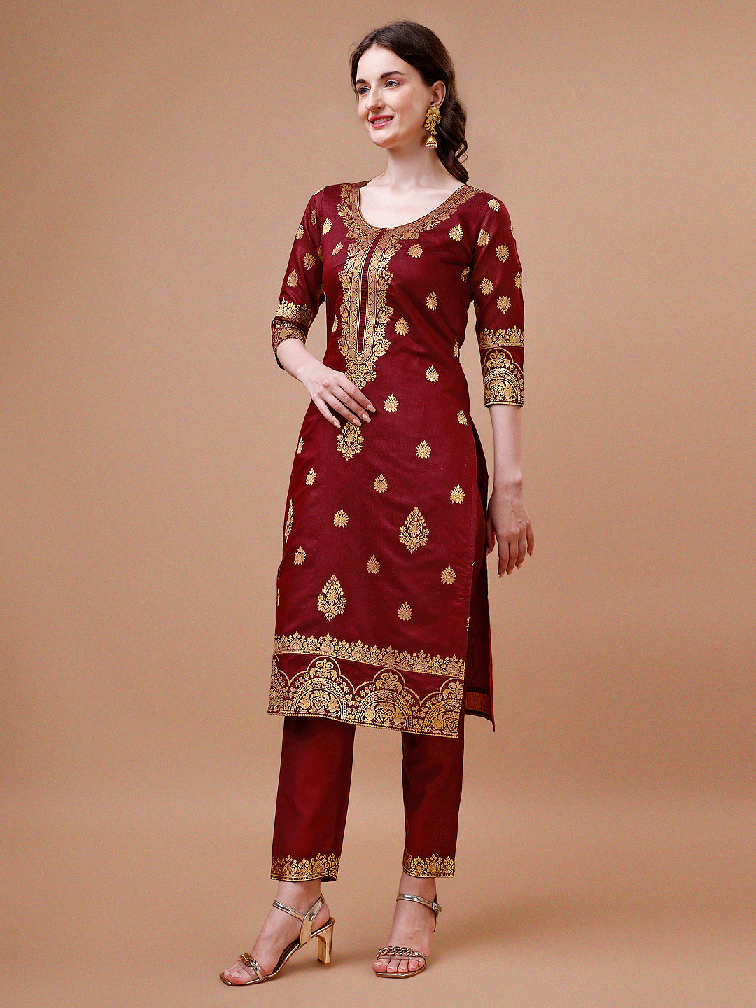 Pure Banarasi Chanderi Jacquard Kurta With Pant & Dupatta Set, Multicolor - Hiral Fashion - Distacart