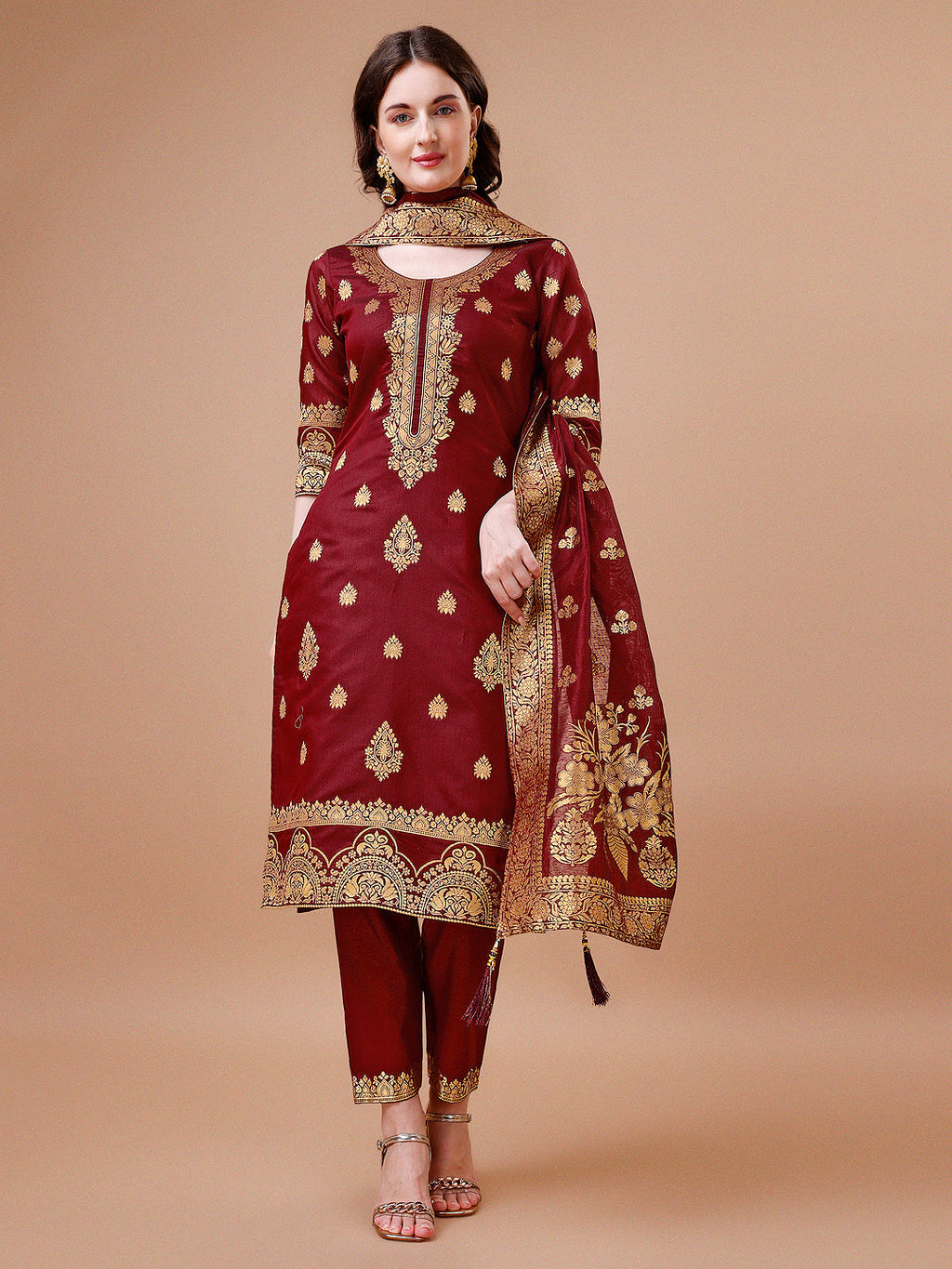 Pure Banarasi Chanderi Jacquard Kurta With Pant & Dupatta Set, Multicolor - Hiral Fashion - Distacart