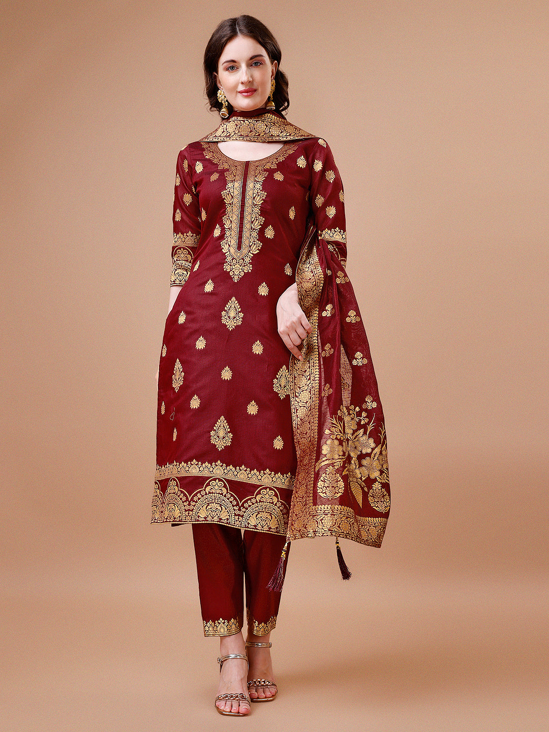 Pure Banarasi Chanderi Jacquard Kurta With Pant & Dupatta Set, Multicolor - Hiral Fashion - Distacart