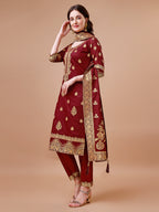 Pure Banarasi Chanderi Jacquard Kurta With Pant & Dupatta Set, Multicolor - Hiral Fashion - Distacart