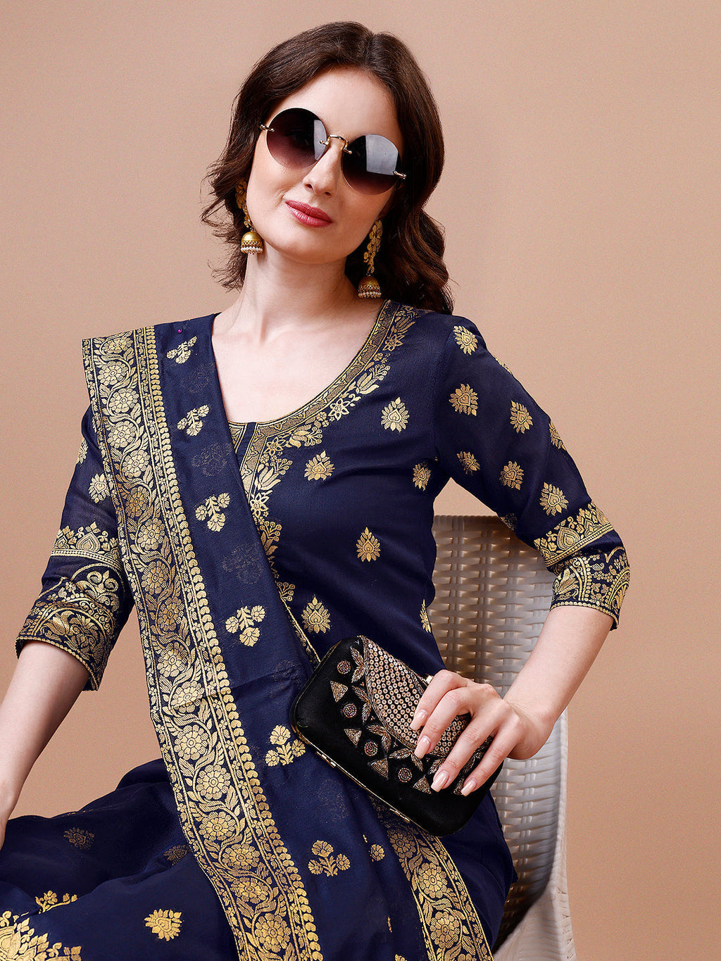 Pure Banarasi Chanderi Jacquard Kurta With Pant & Dupatta Set, Multicolor - Hiral Fashion - Distacart
