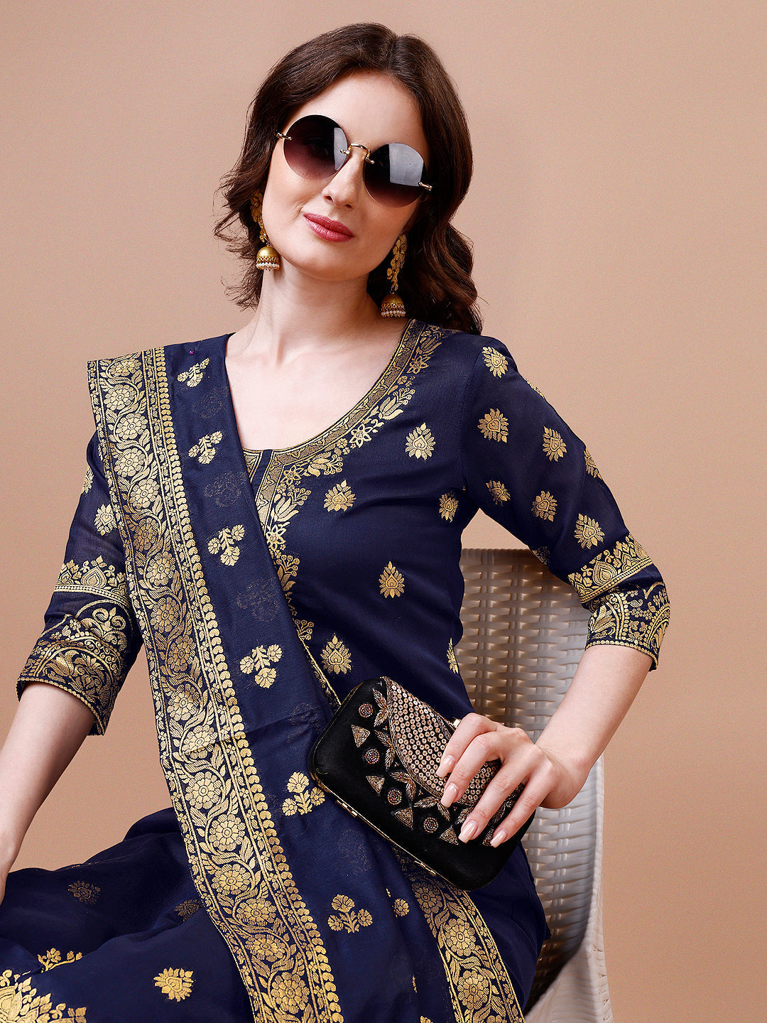 Pure Banarasi Chanderi Jacquard Kurta With Pant & Dupatta Set, Multicolor - Hiral Fashion - Distacart