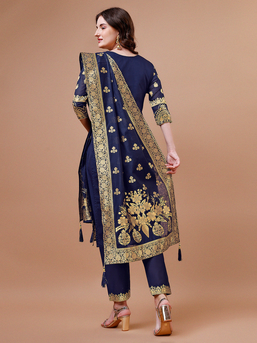 Pure Banarasi Chanderi Jacquard Kurta With Pant & Dupatta Set, Multicolor - Hiral Fashion - Distacart