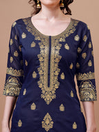 Pure Banarasi Chanderi Jacquard Kurta With Pant & Dupatta Set, Multicolor - Hiral Fashion - Distacart