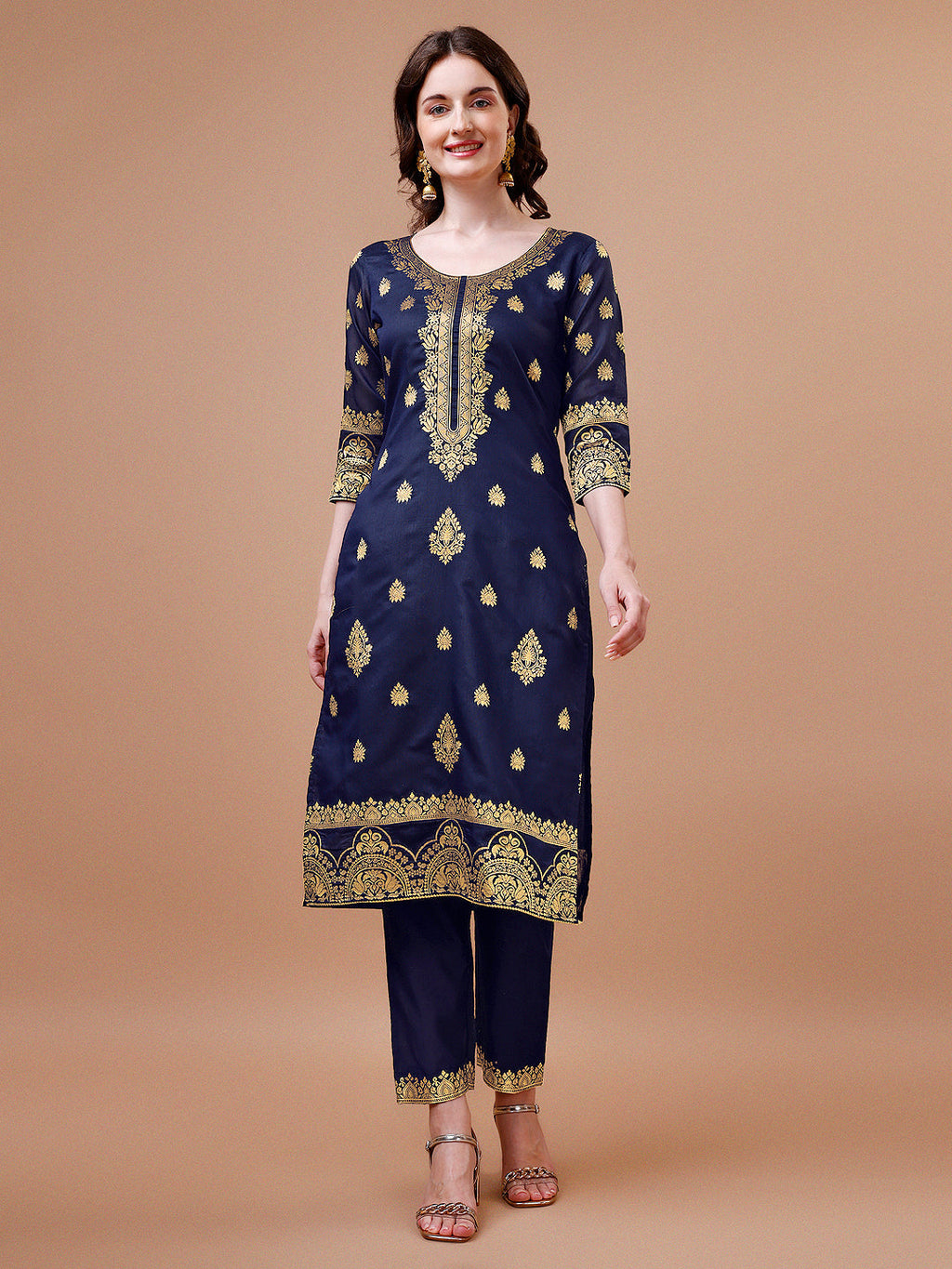 Pure Banarasi Chanderi Jacquard Kurta With Pant & Dupatta Set, Multicolor - Hiral Fashion - Distacart