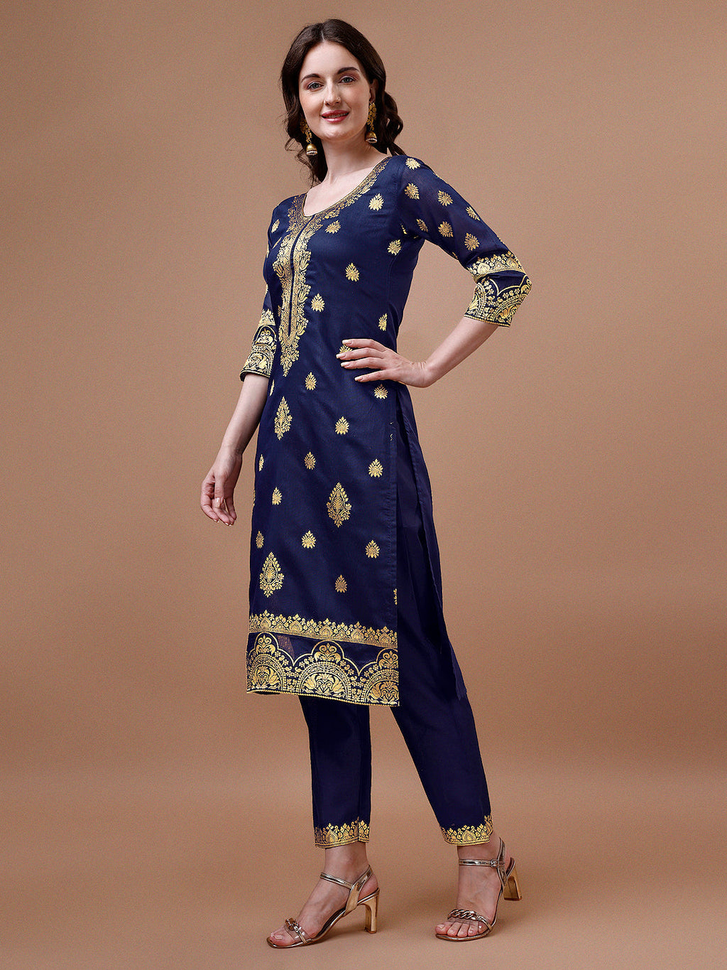 Pure Banarasi Chanderi Jacquard Kurta With Pant & Dupatta Set, Multicolor - Hiral Fashion - Distacart