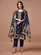 Pure Banarasi Chanderi Jacquard Kurta With Pant & Dupatta Set, Multicolor - Hiral Fashion - Distacart
