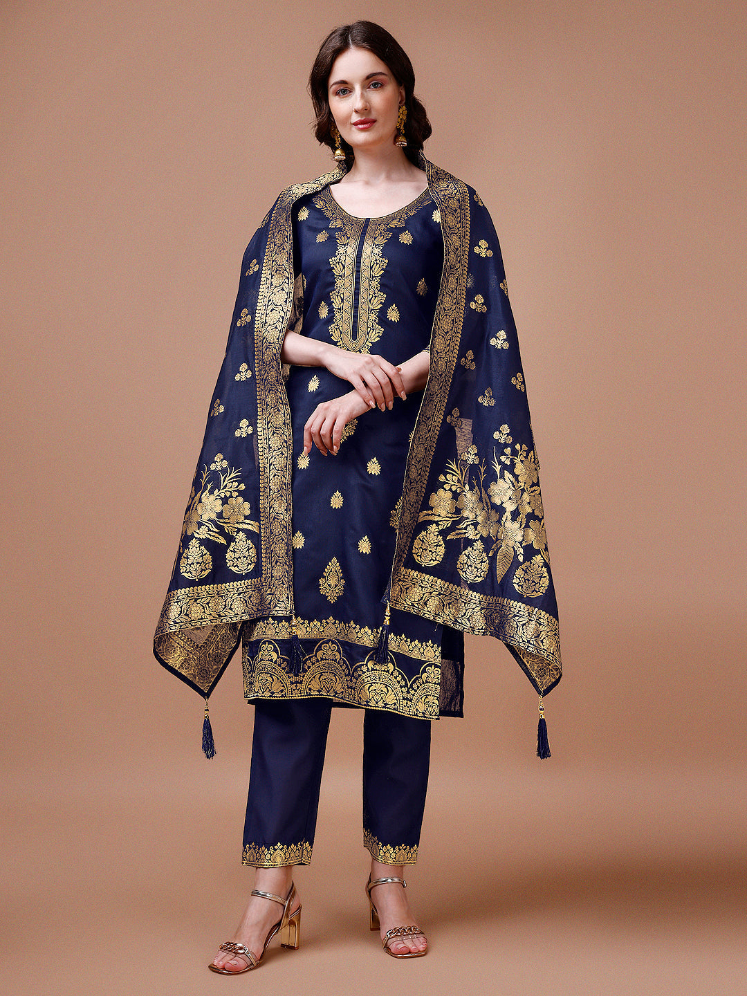 Pure Banarasi Chanderi Jacquard Kurta With Pant & Dupatta Set, Multicolor - Hiral Fashion - Distacart