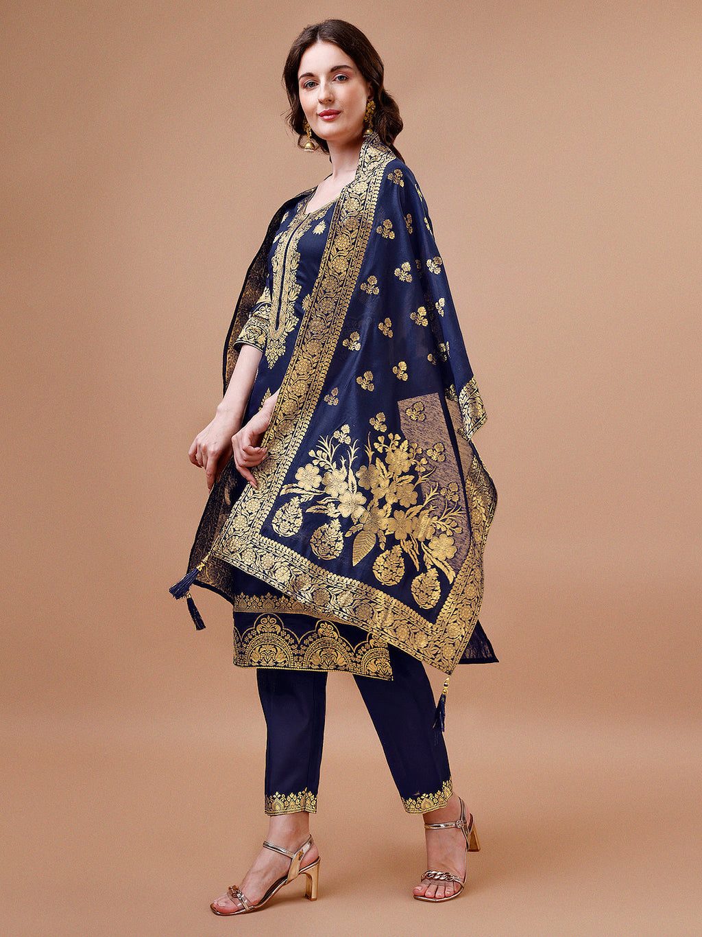 Pure Banarasi Chanderi Jacquard Kurta With Pant & Dupatta Set, Multicolor - Hiral Fashion - Distacart